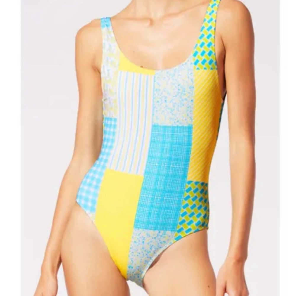 Solid and striped Annemarie patchwork swimsuit